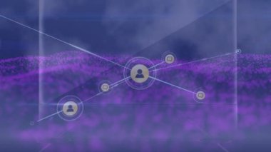 Siyah arkaplandaki simgeler ve mor noktalarla olan bağlantı ağının üzerindeki kırmızı noktaların animasyonu. Dijital olarak oluşturulmuş küresel bağlantılar, bilgisayar ve dijital arayüz kavramı.