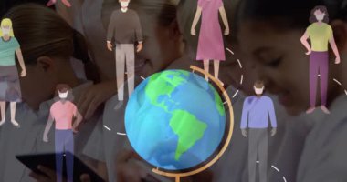 Çeşitli öğrenci gruplarına maske takan insanların animasyonu. Dijital olarak oluşturulan öğrenim ve eğitim konsepti.