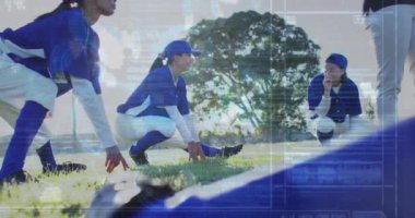 Animation of data processing over diverse female rugby players. Global sport and digital interface concept digitally generated video.