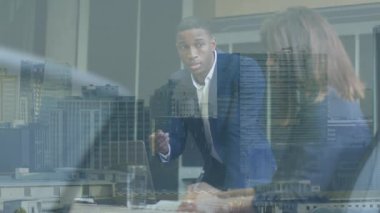 Animation of diverse business people over cityscape. Global business, finances and digital interface concept digitally generated video.