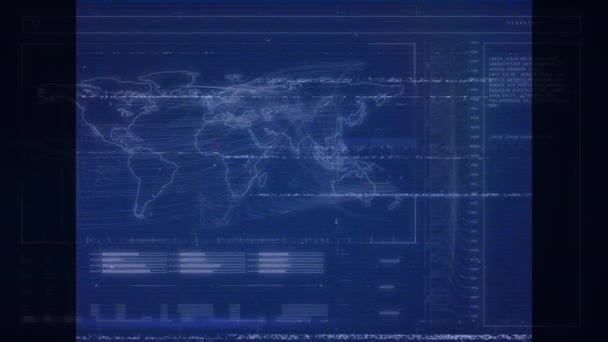 Animace Rušení Nad Světovou Mapou Zpracování Dat Modrém Pozadí Globální — Stock video