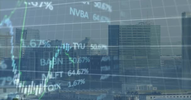 Animation Financial Data Graphs Cityscape Global Communication Finance Technology Concept — Stock videók