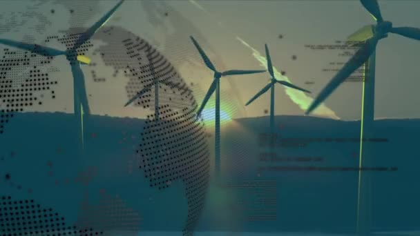 Animatie Van Aardbol Gegevensverwerking Windturbines Bij Zonsondergang Wereldwijd Concept Voor — Stockvideo