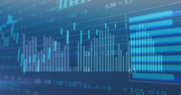 Animation Diverse Graphs Financial Data Blue Background Global Finance Money — Vídeo de stock