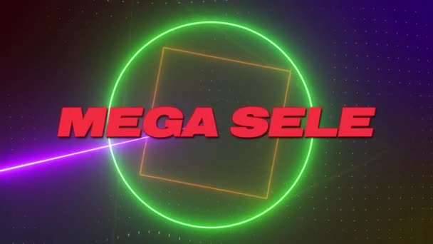 Animace Mega Prodejního Textu Nad Pohybujícími Neonovými Tvary Koncept Sociálních — Stock video