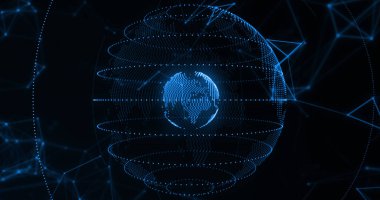 Dönen dünya üzerindeki bağlantı ağının görüntüsü. Küresel bağlantılar, dijital dünya ve dijital arayüz konsepti dijital olarak oluşturulmuş görüntü.