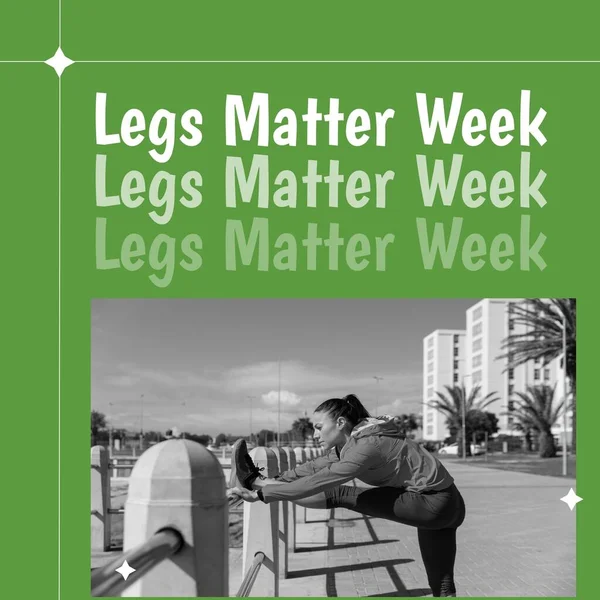 Composition Legs Matter Week Text Caucasian Woman Stretching Green Background — Stock Photo, Image