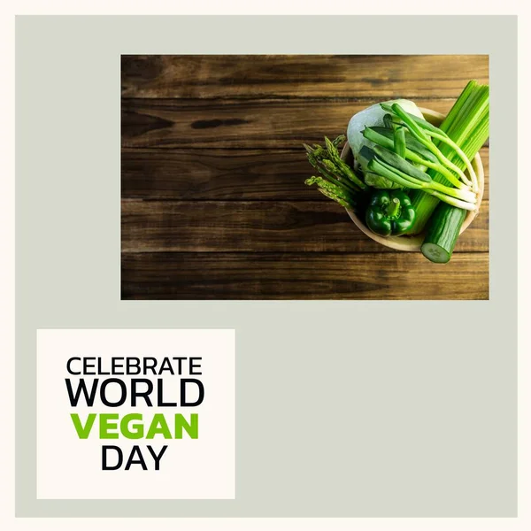 Composition Celebrate World Vegan Day Text Vegetables Grey Background World — Photo