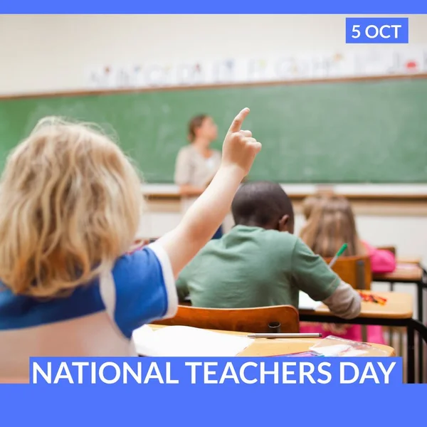 Composition of national teachers day text with diverse teacher and schoolchildren on blue background. World teachers day and celebration concept digitally generated image.