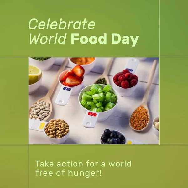 Image of celebrate world food day over bowls with diverse food and spices. Food, nutrition, spices and food production concept.