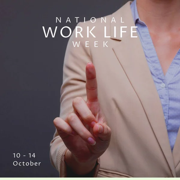 Image of national work life week over midsection of caucasian woman. Business and work life balance concept.
