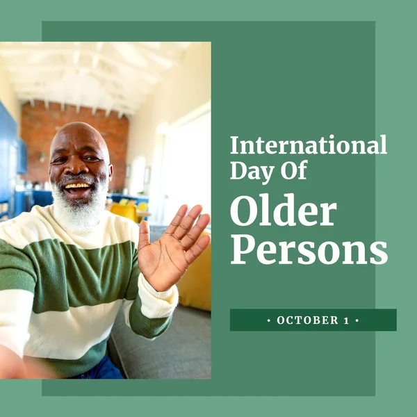 Image of international day of older person over happy senior african american man. Seniors, lifestyle and celebration concept.