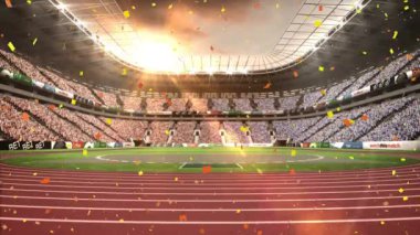 Stadyumun üzerine düşen konfeti animasyonu. Küresel spor ve dijital arayüz kavramı dijital olarak oluşturulmuş video.