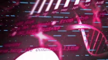 DNA iplikçiklerinin dönmesi ve karanlık arka planda veri işlemesi. Küresel bilim, bağlantılar, veri işleme ve dijital arayüz kavramı dijital olarak oluşturulmuş video.