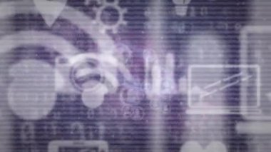 Animation of white lines over data processing with icons. Global technology, computing and digital interface concept digitally generated video.