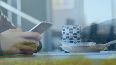 Beyaz kadının deniz manzarası üzerinde akıllı telefon kullanmasının animasyonu. İletişim, ağ ve teknoloji konsepti dijital olarak oluşturulmuş video.