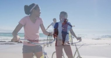 Deniz manzarası üzerinde bisikleti olan mutlu Afro-Amerikan çifti animasyonu. Tatiller, tatiller ve rahatlama konsepti dijital olarak oluşturulmuş video.