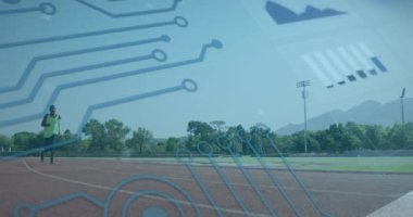 Animation of digital data over african american disabled man training with running blade. Sport, disability, durability and technology concept digitally generated video.