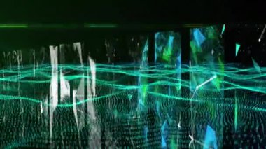 Animation of waves with data processing over network of connections on black background. Global technology, computing and digital interface concept digitally generated video.