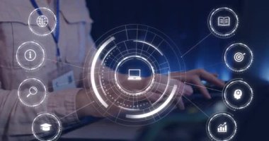 Düşen eğitim simgelerinin dizüstü bilgisayar kullanan kişi üzerinde canlandırılması. Dijital olarak oluşturulan öğrenim ve eğitim konsepti.