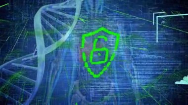 Karanlık arka planda DNA ipliği, asma kilit ve biyometrik yüz kimliği animasyonu. Küresel bilim, bağlantılar, veri işleme ve dijital arayüz kavramı dijital olarak oluşturulmuş video.