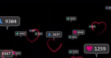 Siyah arka planda sosyal medya tepkisi üzerine neon kalplerin animasyonu. Sosyal medya, ağ ve teknoloji konsepti dijital olarak oluşturulmuş video.