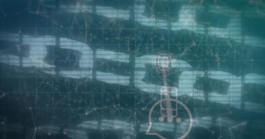 Zincirler ve medya simgeleri üzerinde veri işleme animasyonu. Küresel iş ve dijital arayüz kavramı dijital olarak oluşturulmuş video