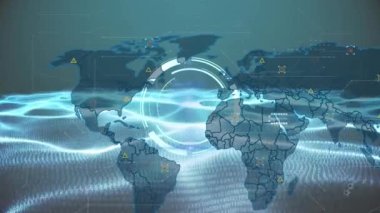 Dünya haritasının animasyonu ve dalgalı siyah ve yeşil dijital uzay simgeleri. Veri işleme, dijital arayüz ve teknoloji konsepti dijital olarak oluşturulmuş video.