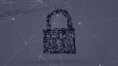Bağlantıları ve dijital asma kilidi olan dijital ekranın animasyonu. Dijital arayüz, veri güvenliği, veri işleme ve teknoloji konsepti dijital olarak oluşturuldu.