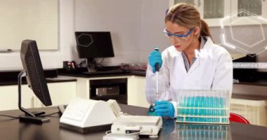 Animation of chemical formulas over caucasian female lab worker. Science, medicine and laboratory concept digitally generated video.