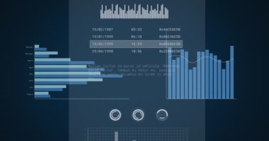 Animation of diverse graphs and financial data on black background. Global finance, money and economy concept digitally generated video.