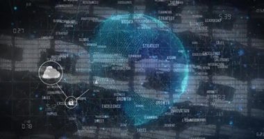 Animation of data processing over chains and media icons. Global business and digital interface concept digitally generated video
