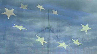 Erupean Birliği bayrağının rüzgâr türbini üzerindeki animasyonu. Çevre gücü, yeşil enerji ve eu politika kavramı dijital olarak oluşturulmuş video.