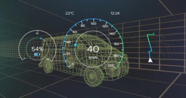 Animation of speedometer and power level over van project on black background. Green energy, electric cars, design and technology concept digitally generated video.
