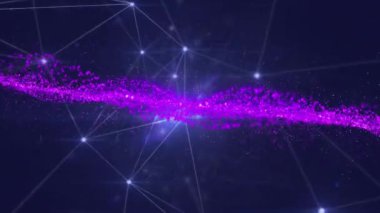 Siyah arkaplandaki bağlantı ağı üzerinden mor şekillerin animasyonu. Küresel teknoloji, bilgisayar ve dijital arayüz kavramı dijital olarak oluşturulmuş video.