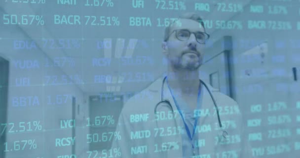 Animation Financial Data Caucasian Male Doctor Walking Health Medicine Finance — Vídeo de stock