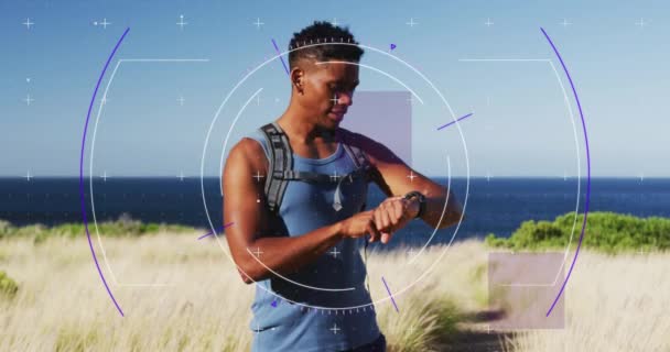 Animation Viewfinder African American Man Checking Smartwatch Outdoors Sport Fitness — Vídeo de Stock