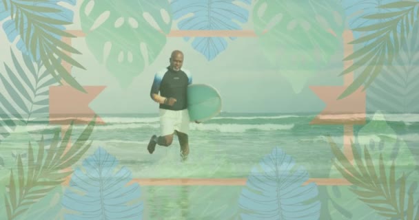 Animation Leaves Senior African American Man Running Beach Surfboard Sport — ストック動画