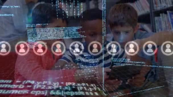 Animation Data Processing Three Diverse Boys Using Digital Tablet School — Vídeo de Stock