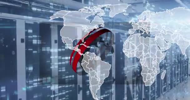 Animacja Globu Mapy Świata Nad Serwerownią Globalna Sieć Przetwarzanie Danych — Wideo stockowe