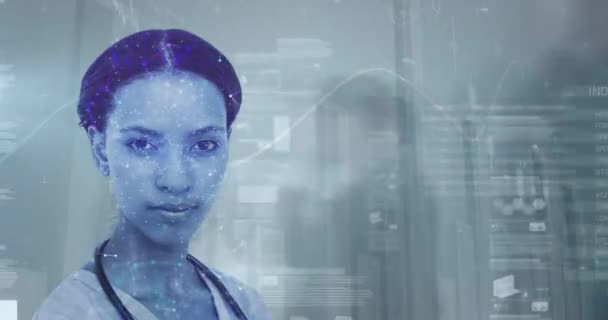 Animation Data Processing Biracial Female Doctor Global Business Digital Interface — ストック動画