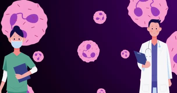 Animation Caucasian Doctors Pink Cells Violet Background Human Biology Anatomy — стоковое видео