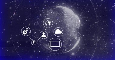 Dönen dünya üzerindeki dijital simgelerin ve bağlantıların görüntüsü. Küresel bağlantılar, dijital dünya ve dijital arayüz konsepti dijital olarak oluşturulmuş görüntü.