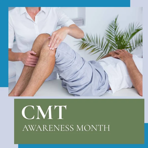Composition of cmt awareness day text with diverse doctor and patient on blue background. Cmt awareness month and celebration concept digitally generated image.