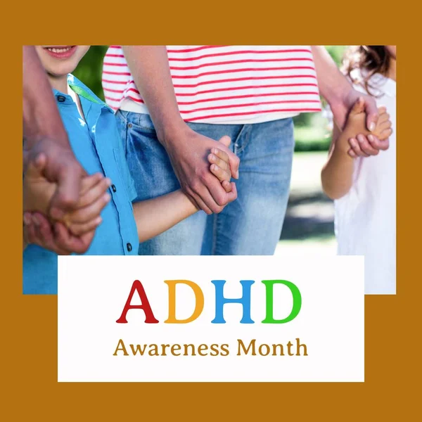 Composition of adhd awareness month text over diverse family holding hands. Adhd awareness month concept digitally generated image.