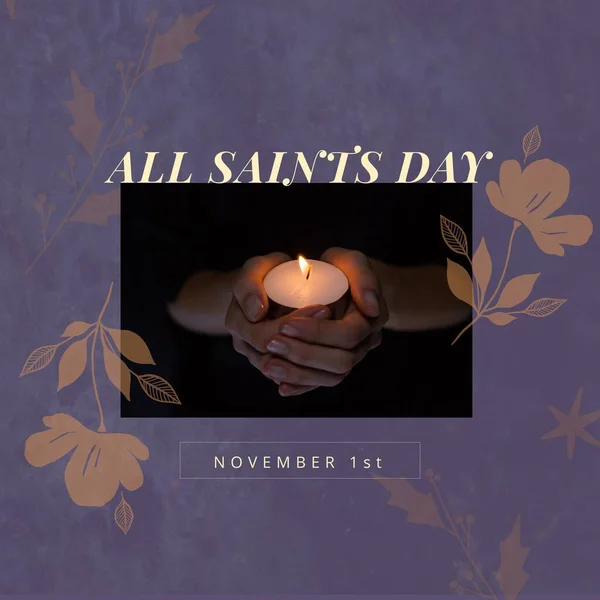 Composition of all saints day text over hands with candle. All saints day and religion concept digitally generated image.