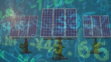 Animation of stock market over solar panels and virus cells. Global covid 19 pandemic and digital interface concept digitally generated video.