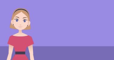 Animation of caucasian businesswoman making presentation on purple background. Communication and business concept digitally generated video.