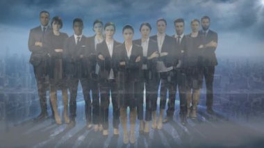 Animation of diverse business people over cityscape. Global business, finances and digital interface concept digitally generated video.