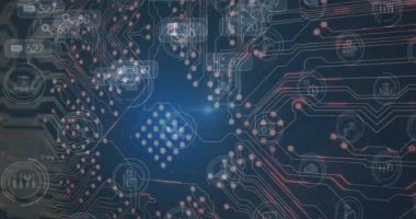 Animation of social media icons over processor socket. Global connections, data processing and digital interface concept digitally generated video.